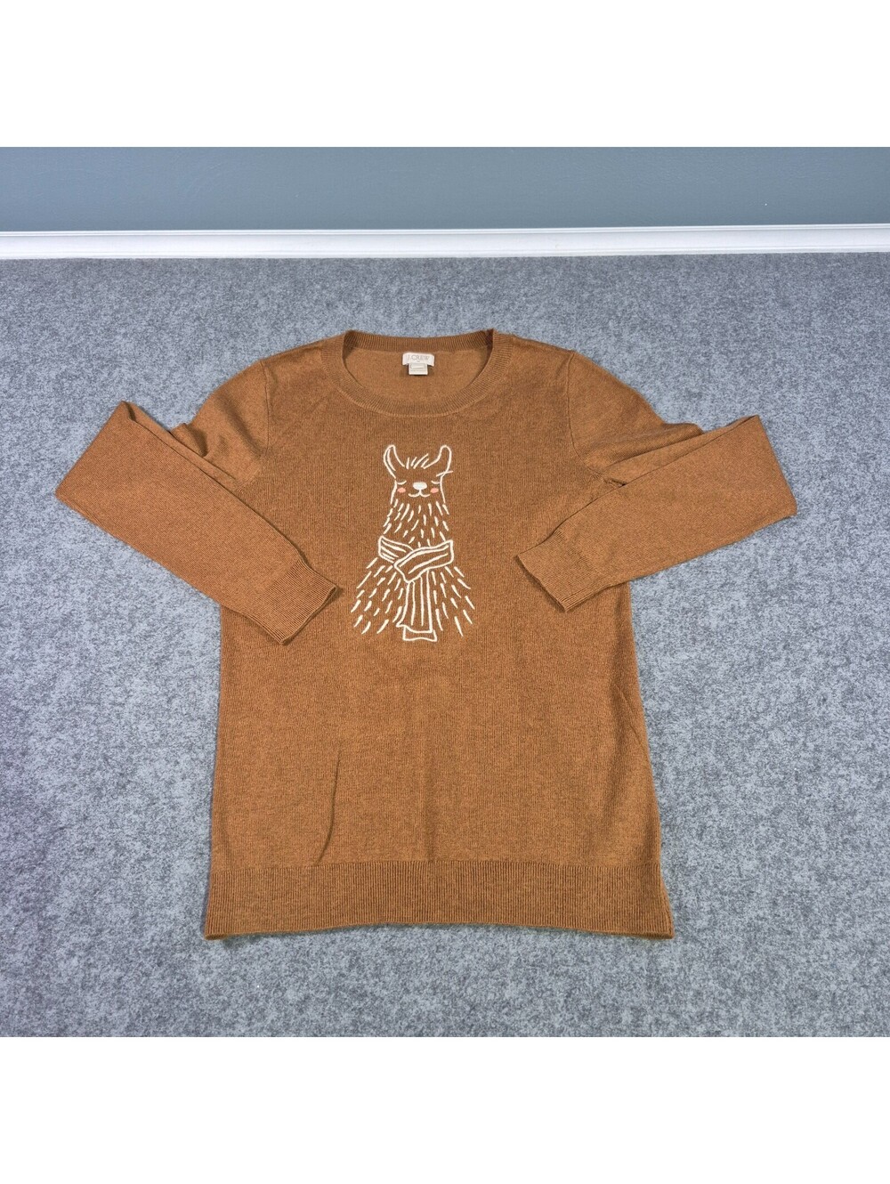 J Crew Sweater Brown Llama Embroidered Sz XS Statement Boho Cozy Winter Warm